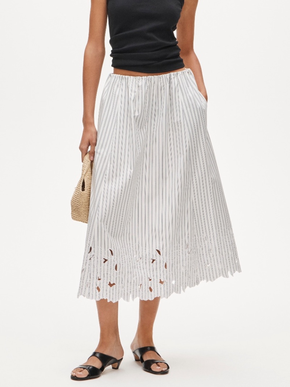 J. CREW Embroidered pull-on midi skirt in striped cotton poplin XS !Modified!